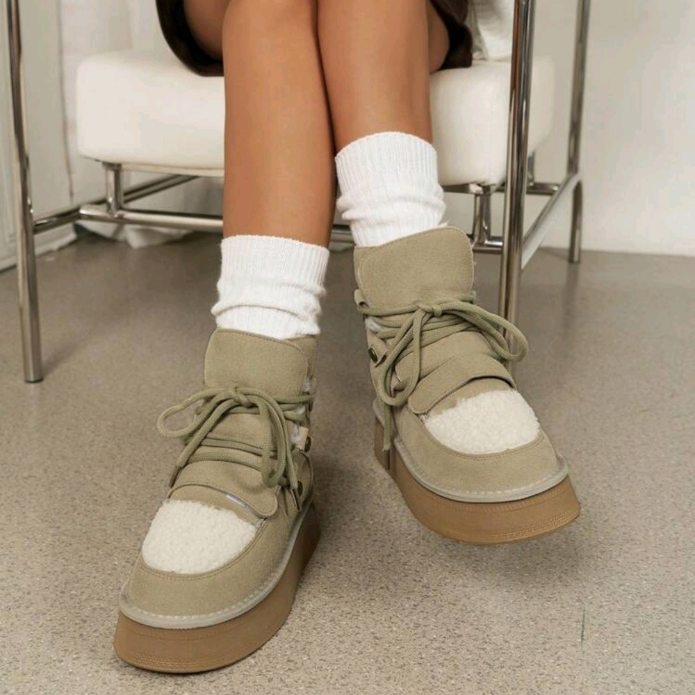 New Thick Sole Snow Boots For Women, Winter Fashionable Warm Lace-Up Casual Flee - Picture 3 of 7